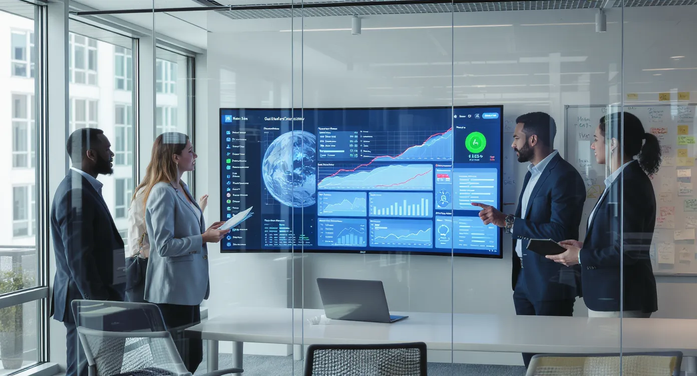 A consulting team in a modern workspace reviews a large digital dashboard displaying multi-cloud performance metrics, carbon emissions data, and AI compliance scores, illustrating how 2025 consulting engagements combine technology, sustainability, and governance considerations.